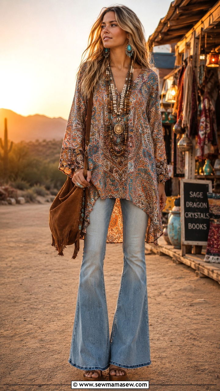 Flare jeans with boho tunic outfit - 30 Tall women jeans outfit ideas