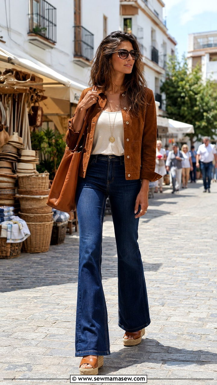 Flare jeans with suede jacket and wedges - 30 Tall women jeans outfit ideas