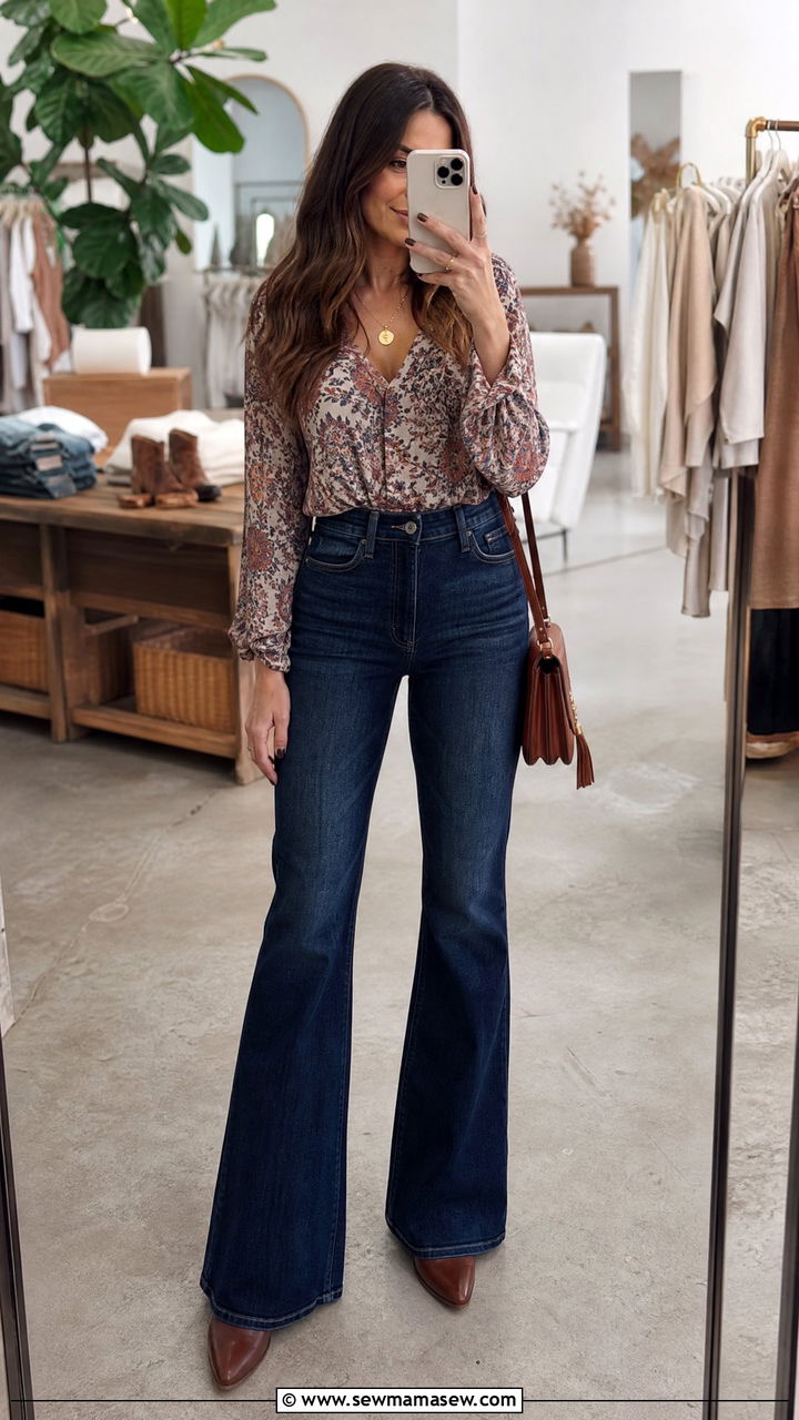 Flare jeans with tucked in printed blouse - 25 Flattering outfits for big hips