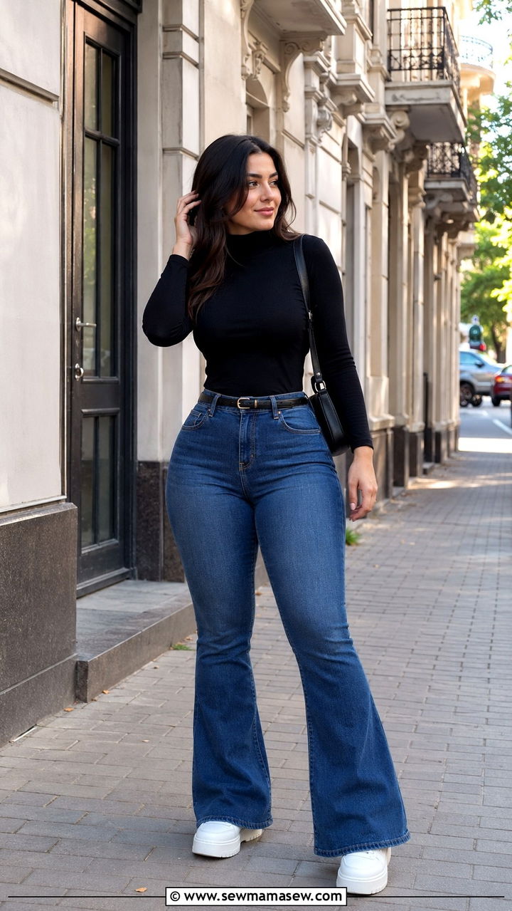 Flare jeans with turtleneck and platform sneakers - 25 Outfit ideas for wide calves