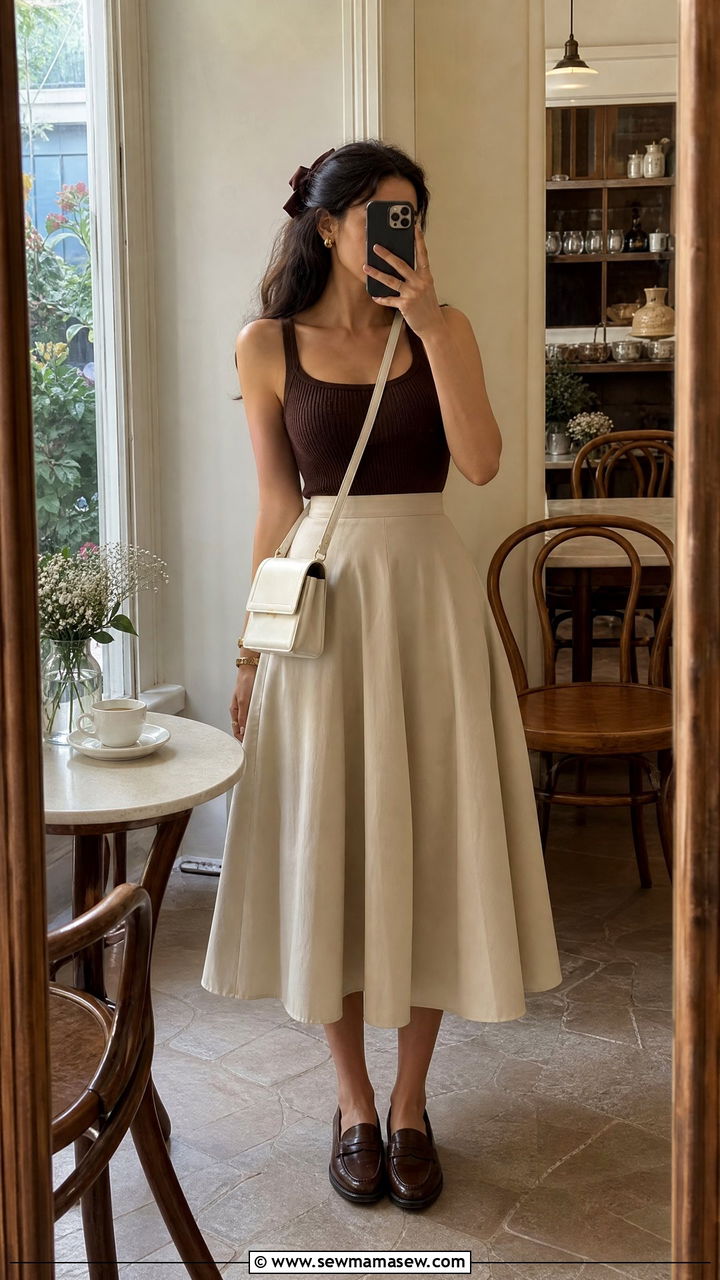 Flared A Line Skirt with Ribbed Tank Top - 30 summer dark academia outfits