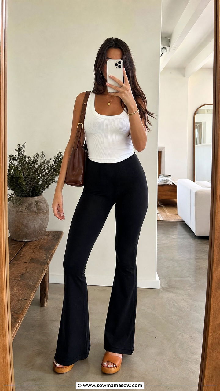 Flared Black Leggings With Fitted White Tank Top - 30 Summer outfits with leggings