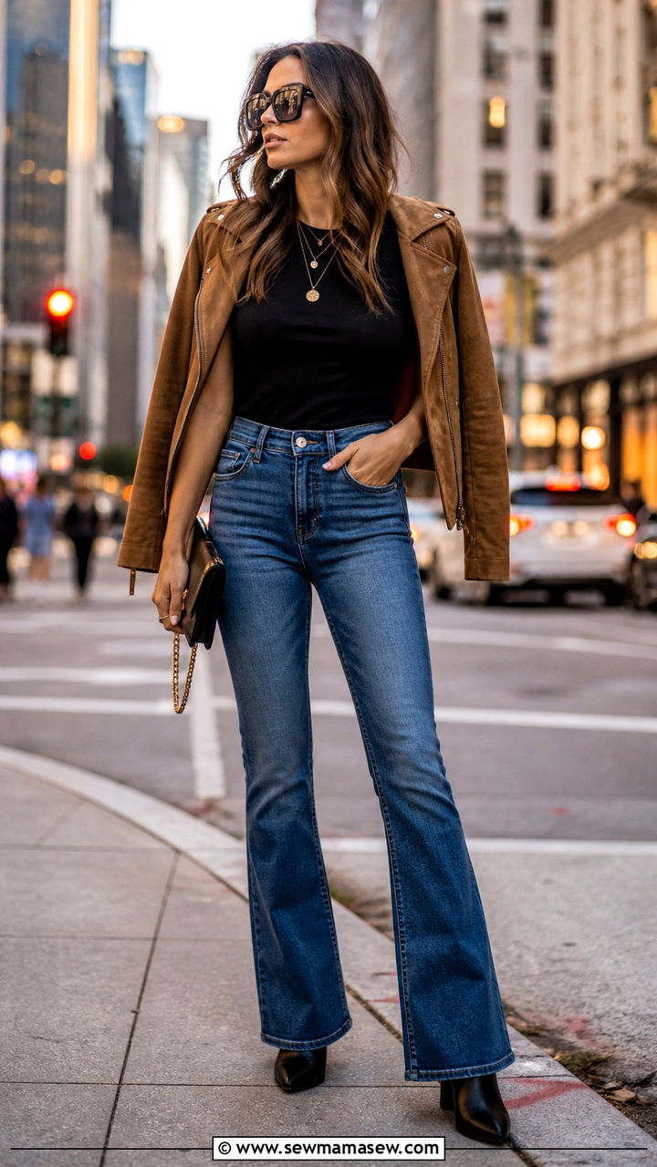 Flared Jeans With A Fitted Tee And Heels - 40 French girl outfit ideas