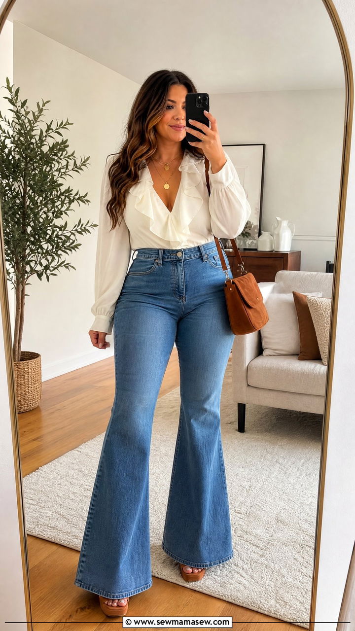 Flared Jeans With Ruffled Blouse Outfit - 30 Cute outfits for curvy women