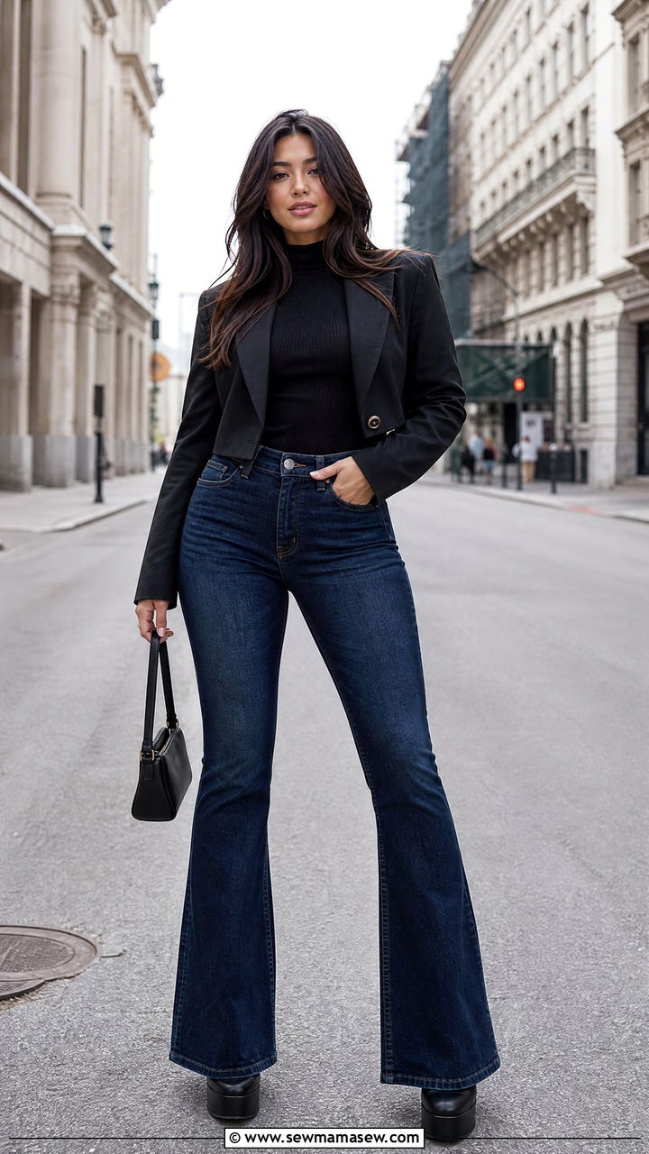 Flared Jeans with Fitted Sweater - 25 Outfit ideas to flatter thighs