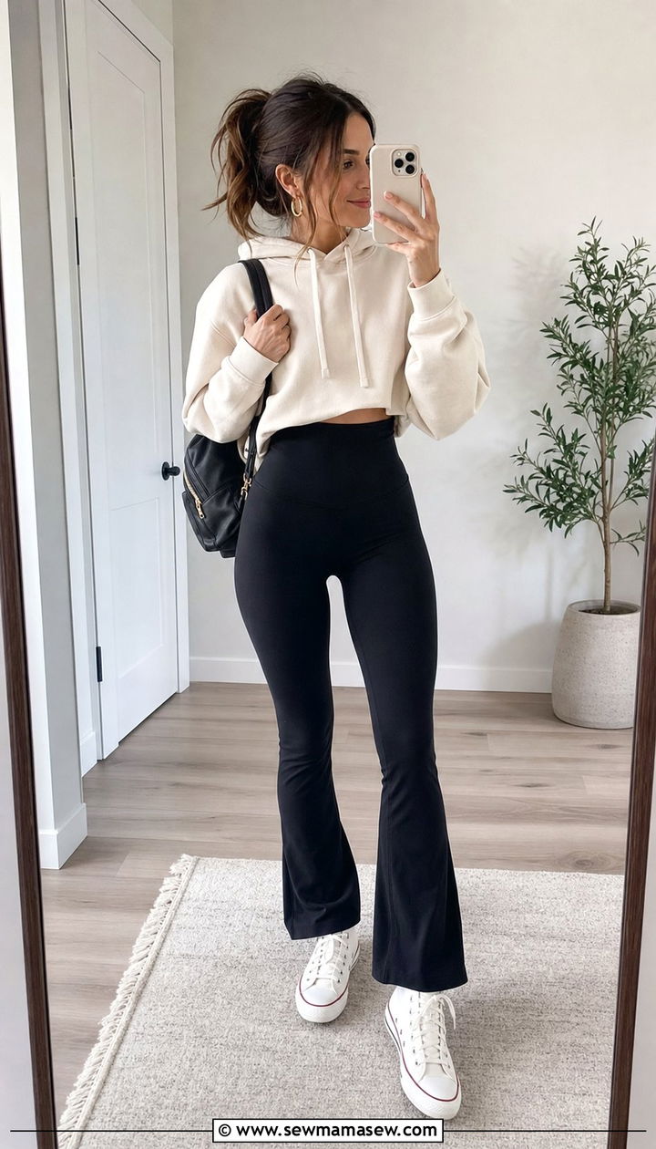 Flared Leggings With Cropped Hoodie and Sneakers - 25 Sporty chic outfit ideas walking