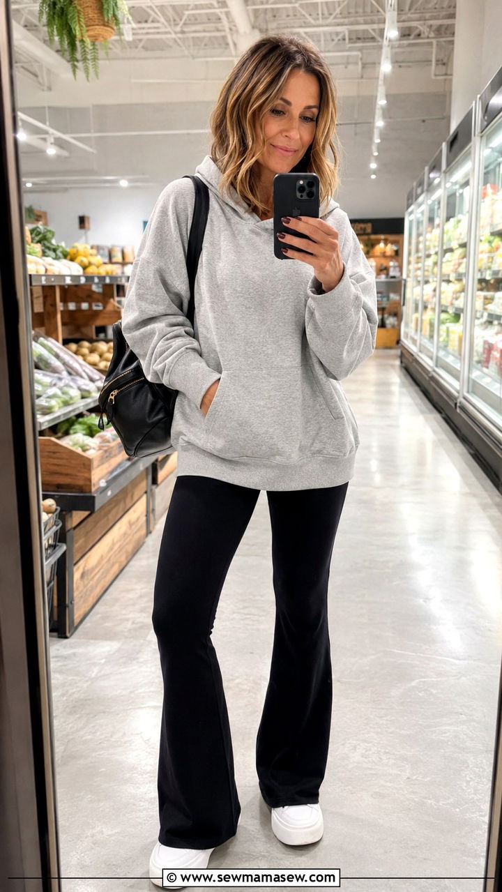 Flared Leggings and Oversized Hoodie With Platform Sneakers - 25 Outfit ideas for women over 40 grocery store