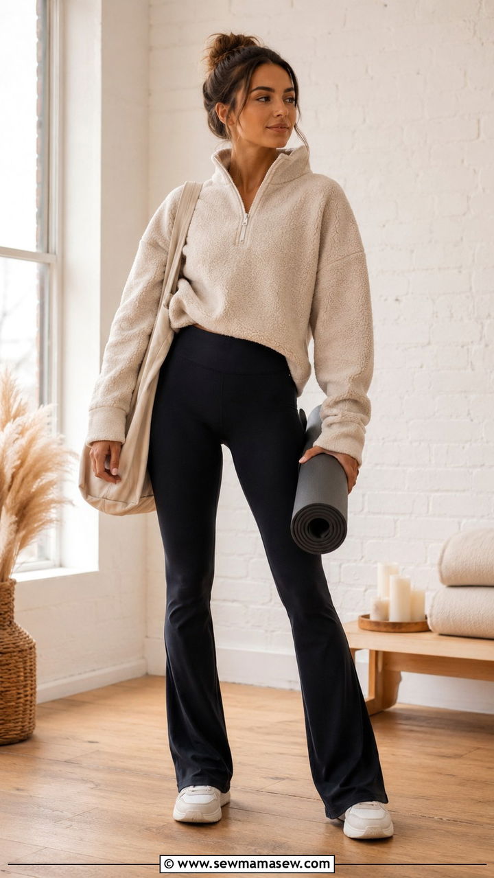 Flared Leggings and Pullover Yoga Outfit - 25 Yoga outfit ideas for teachers