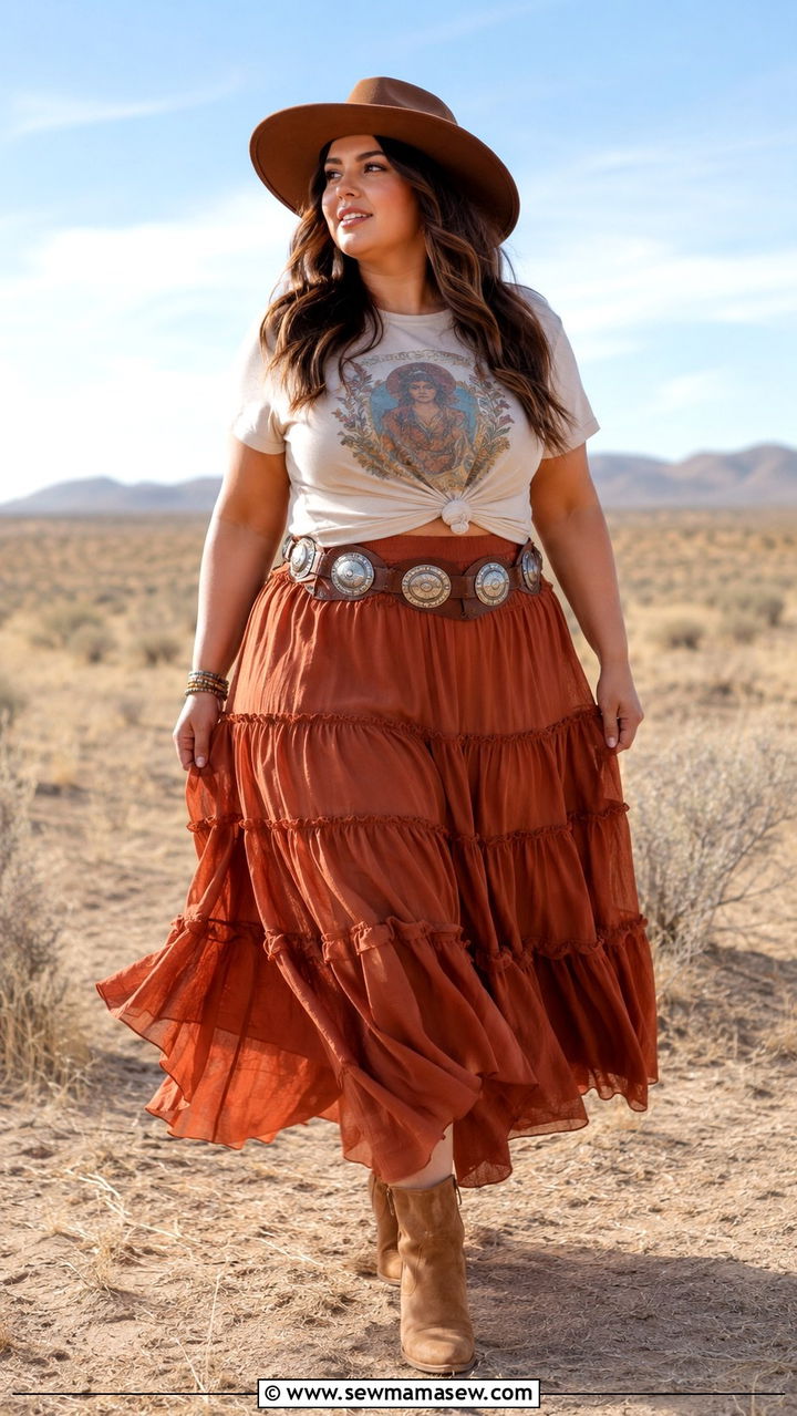 Flared Maxi Skirt With Graphic Tee - 25 Western outfit ideas plus size