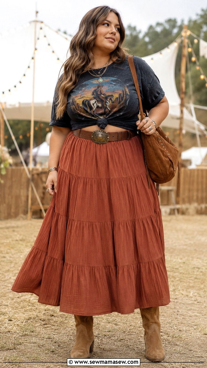 Flared Maxi Skirt and Graphic Tee - 25 Plus size outfit ideas western
