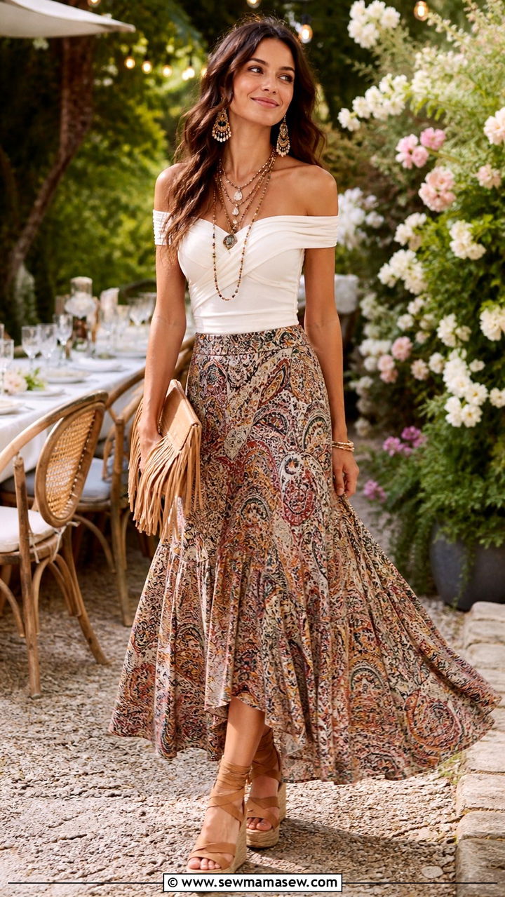 Flared Maxi Skirt with Off Shoulder Top - 40 Bohemian outfit ideas