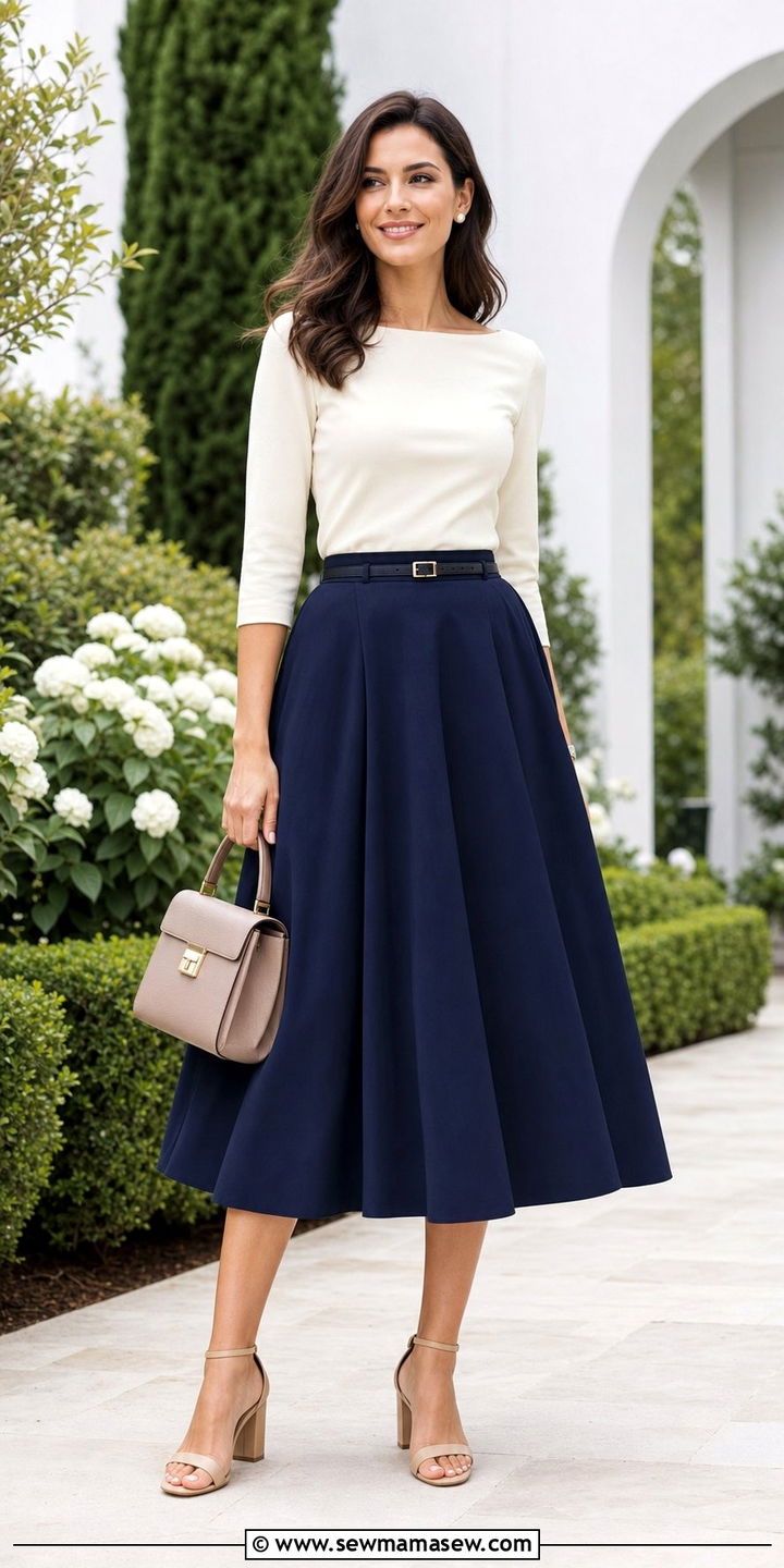Flared Midi Skirt And Boat Neck Top Summer Outfit - 25 summer outfits for women with wide hips