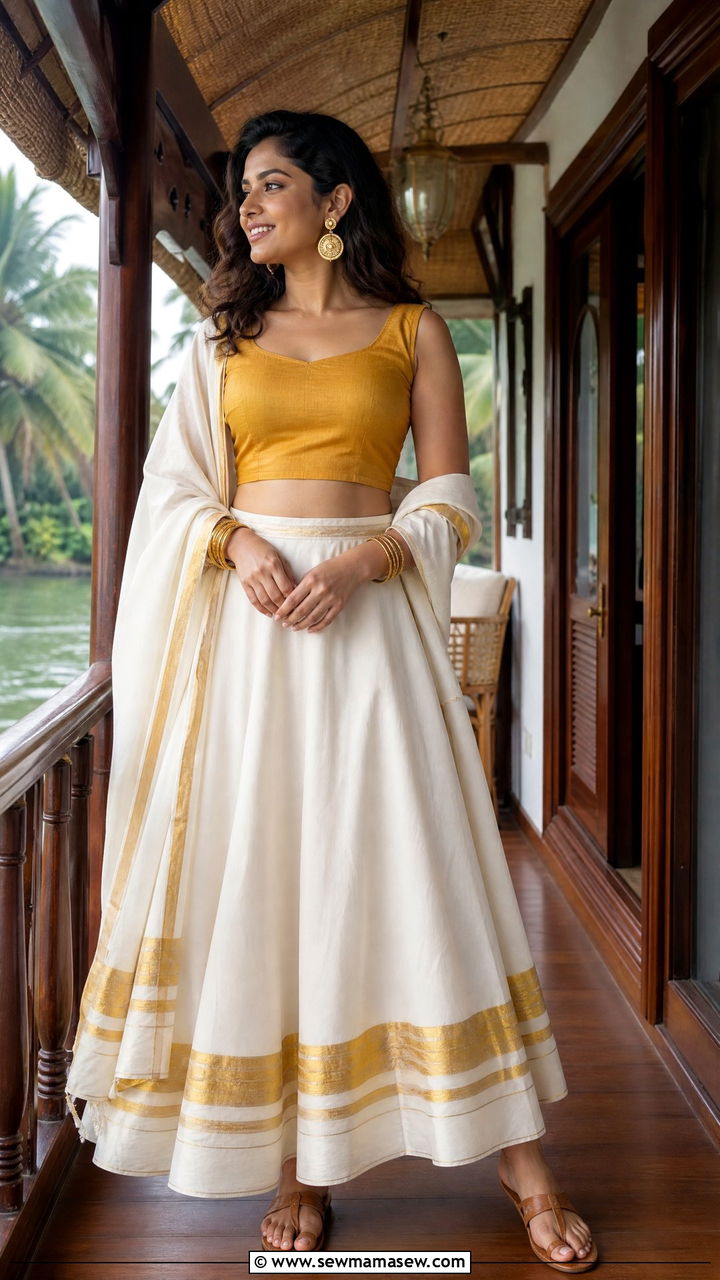 Flared Skirt With Kasavu Border And Crop Top - 25 Kerala outfit ideas