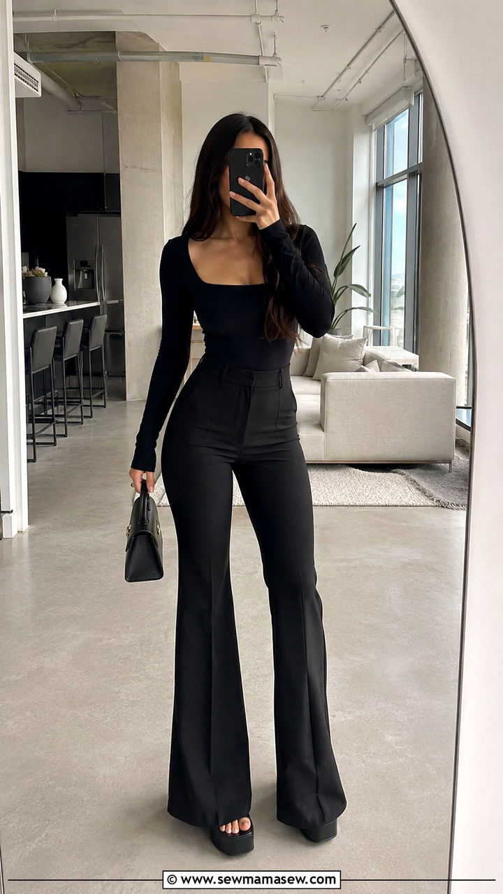 Flared Trousers With Fitted Bodysuit - 30 classy outfits for tall women