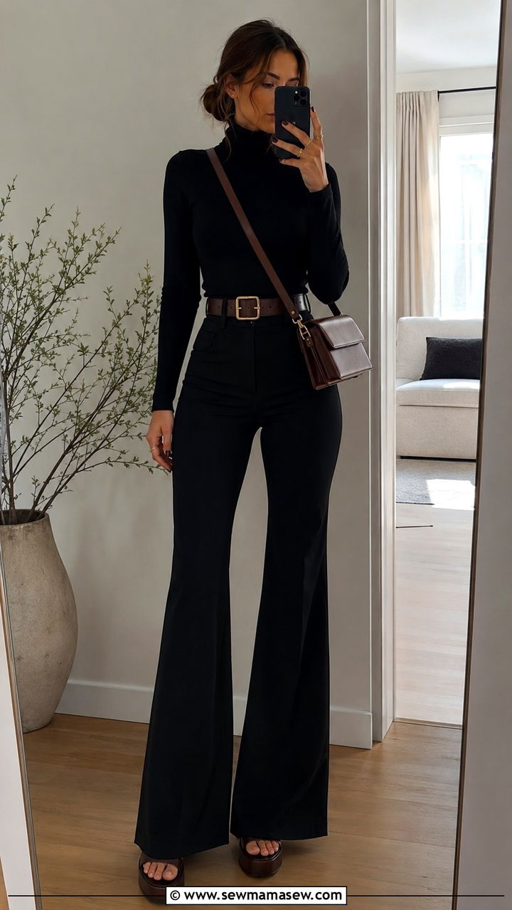 Flared Trousers With Tucked In Turtleneck - 30 Spring outfits with trousers