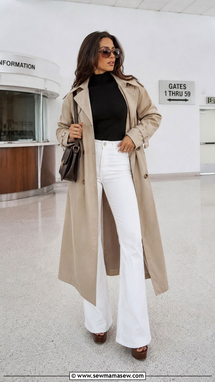 Flared White Jeans And Trench Coat Outfit - 25 White jeans outfit ideas with a trench coat
