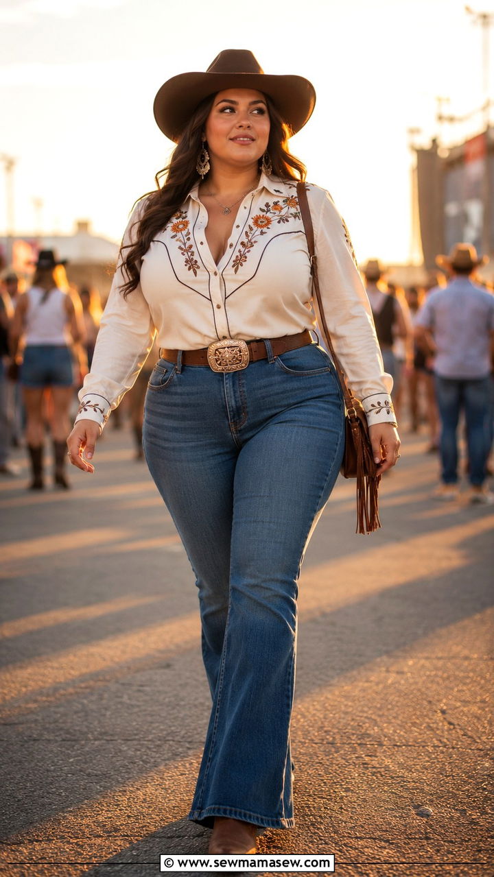 Flared jeans with western blouse outfit - 30 plus size country concert outfit ideas