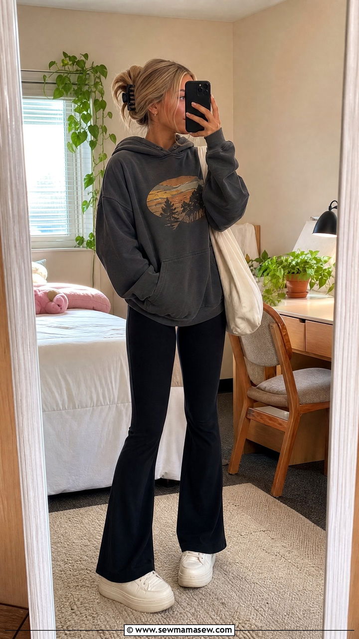 Flared yoga pants and graphic hoodie outfit Y2K - 30 Cute outfits for college girls
