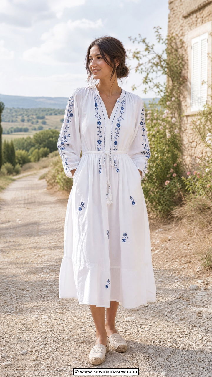 Flat Espadrille Mules With An Embroidered Cotton Dress - 30 Summer outfits with slip ons