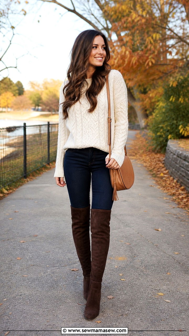 Flat Over the Knee Boots with Skinny Jeans and Blazer - 40 Over the knee boots outfit ideas