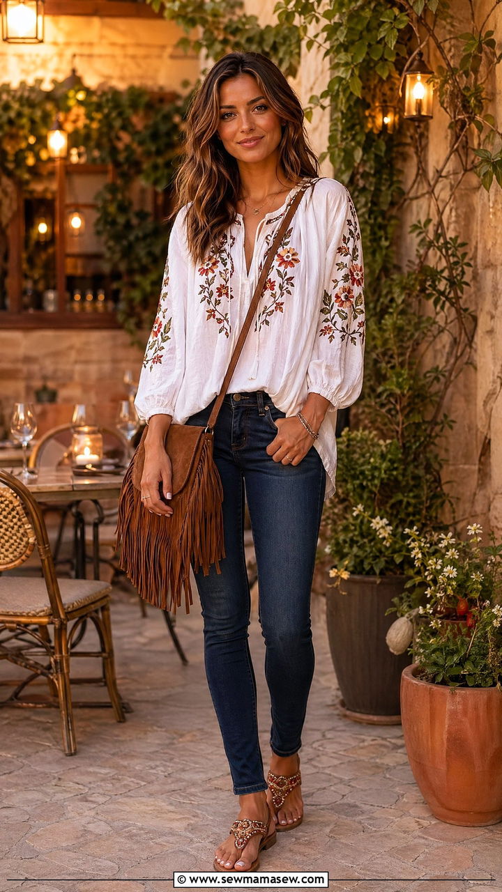 Flat Sandals with Peasant Blouse and Jeans - 35 flat sandals outfit ideas