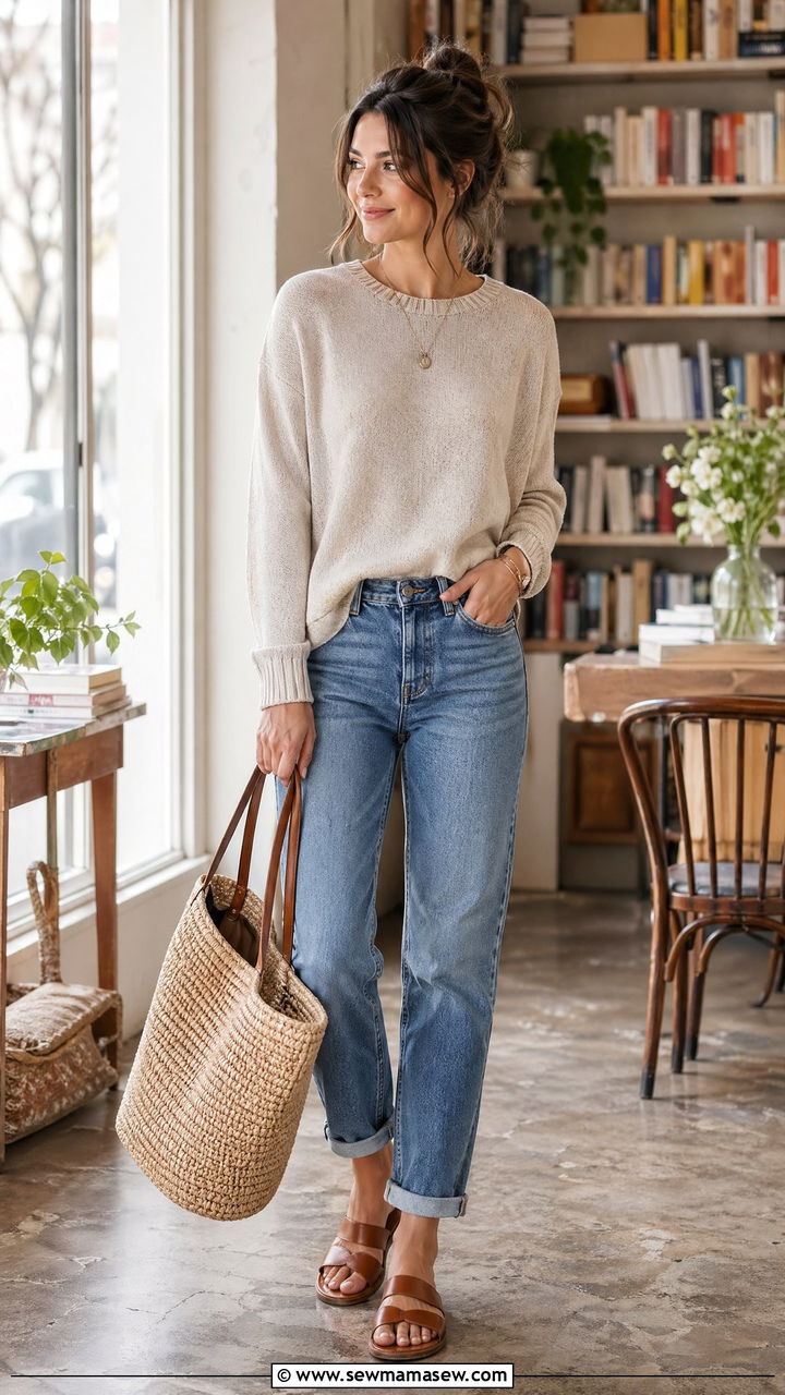 Flat Sandals with Sweater and Jeans - 35 flat sandals outfit ideas