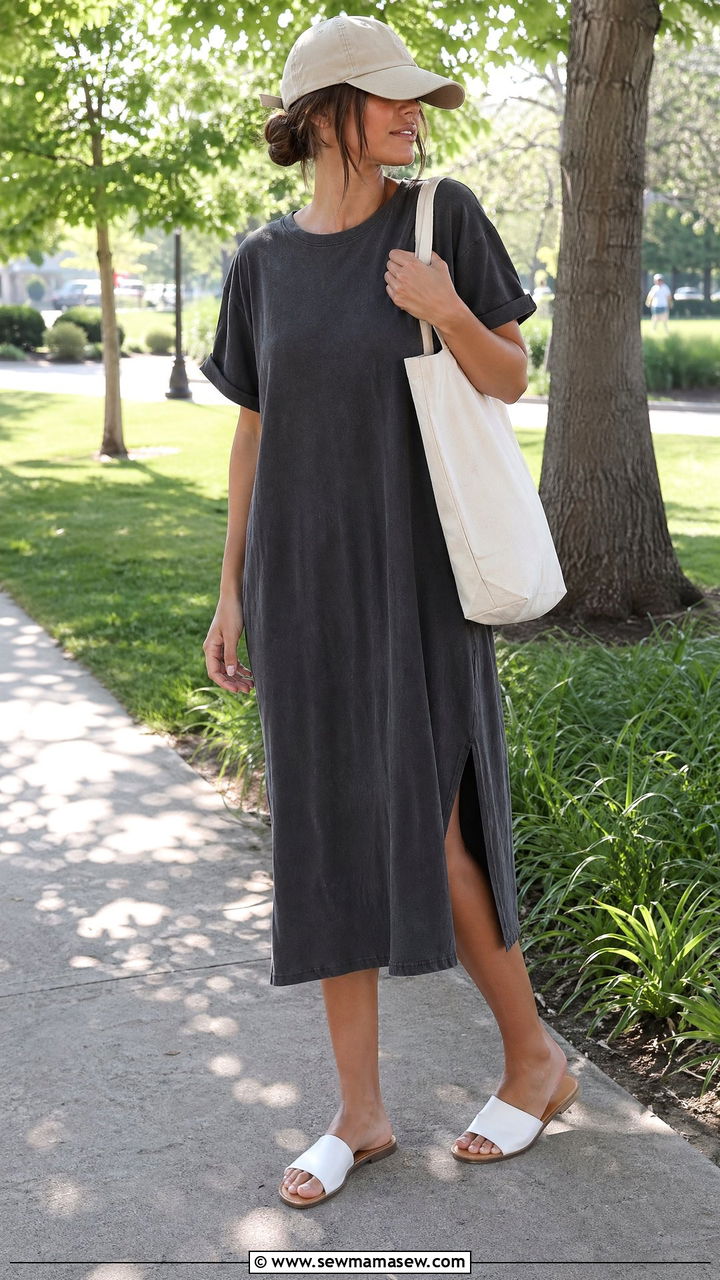Flat Sandals with T Shirt Dress - 35 flat sandals outfit ideas