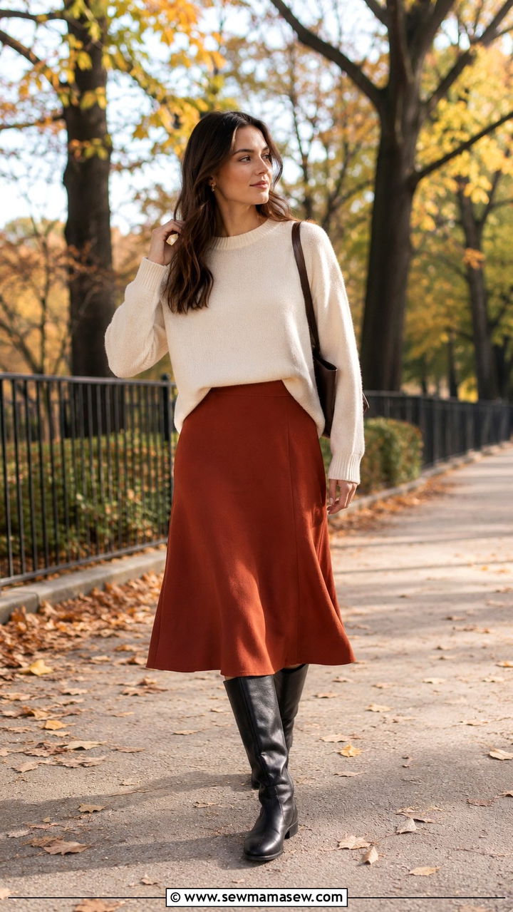 Flat knee high boots with midi skirt and cashmere sweater - 30 transitional boots outfit ideas