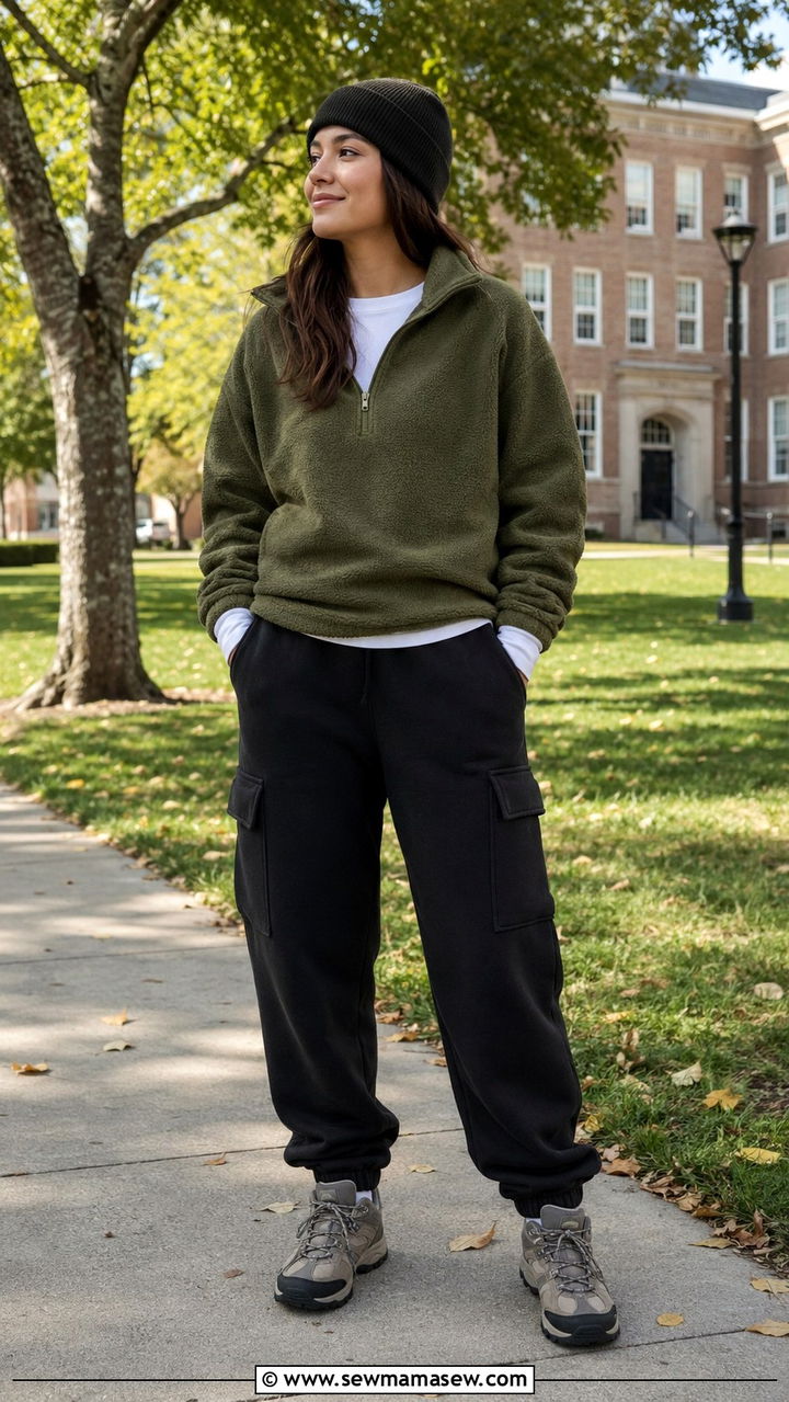 Fleece Half Zip Pullover with Cargo Sweatpants - 20 Loungewear outfit ideas school run