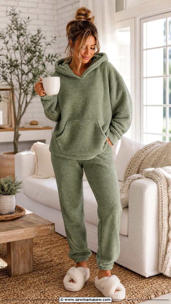 Fleece Hoodie and Sweatpants with Fuzzy Slippers - 30 Fuzzy slippers outfit ideas