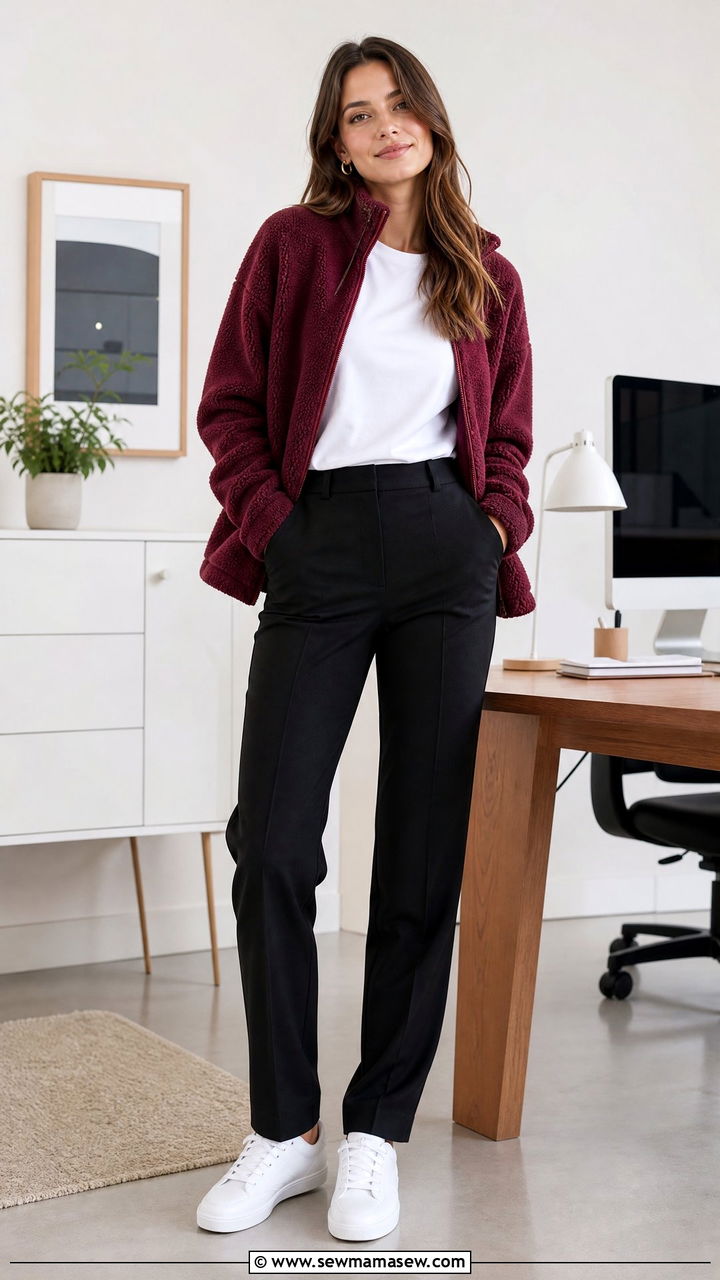 Fleece Jacket And Tailored Trousers With Clean Sneakers - 35 jacket outfits