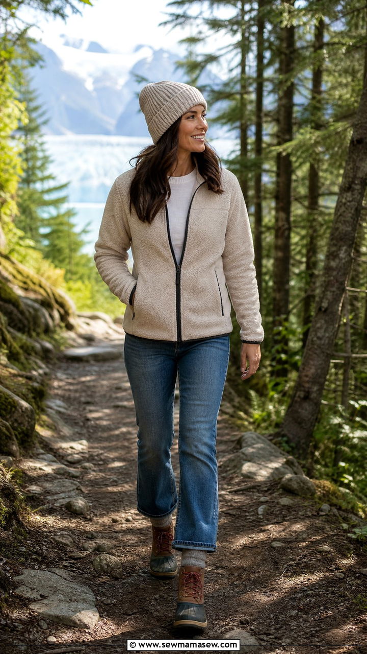 Fleece Jacket With Bootcut Jeans And Waterproof Boots For Chilly Port Days - 30 Cruise excursion outfit ideas