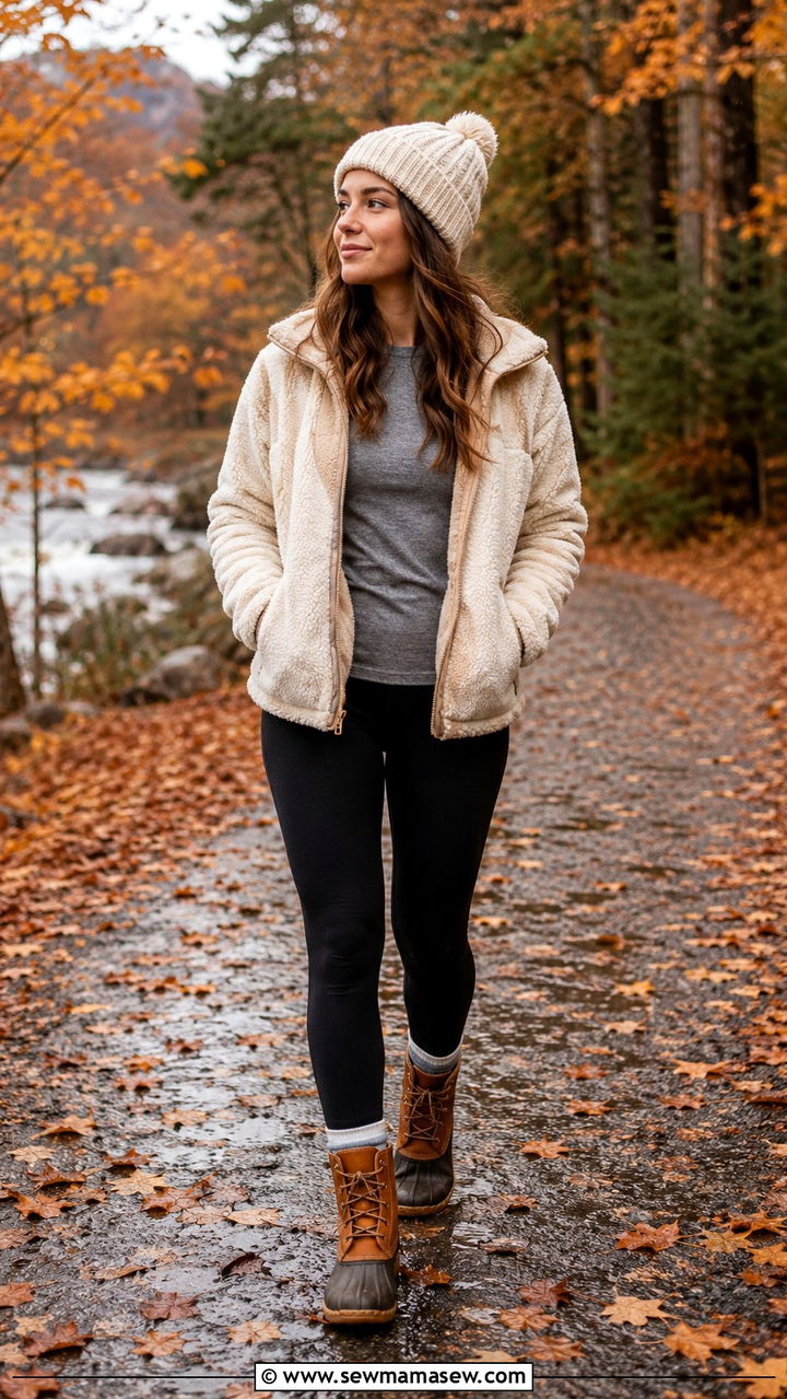 Fleece Jacket With Leggings and Duck Boots - 30 Rainy day school outfit ideas