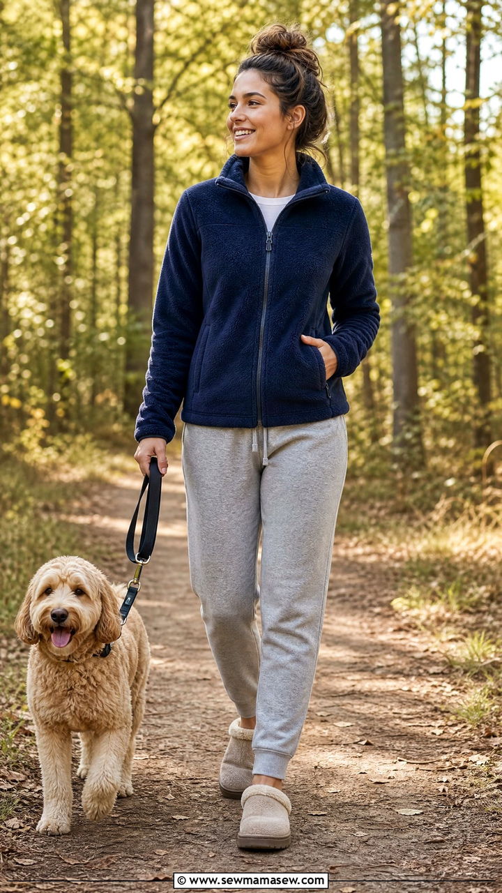 Fleece Jacket and Joggers with Fuzzy Slippers - 30 Fuzzy slippers outfit ideas