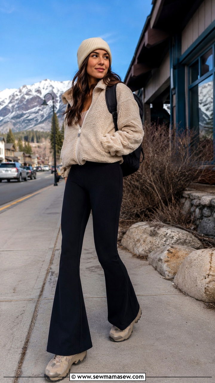 Fleece Jacket with Flared Leggings and Hiking Sneakers - 30 sporty chic outfits to copy