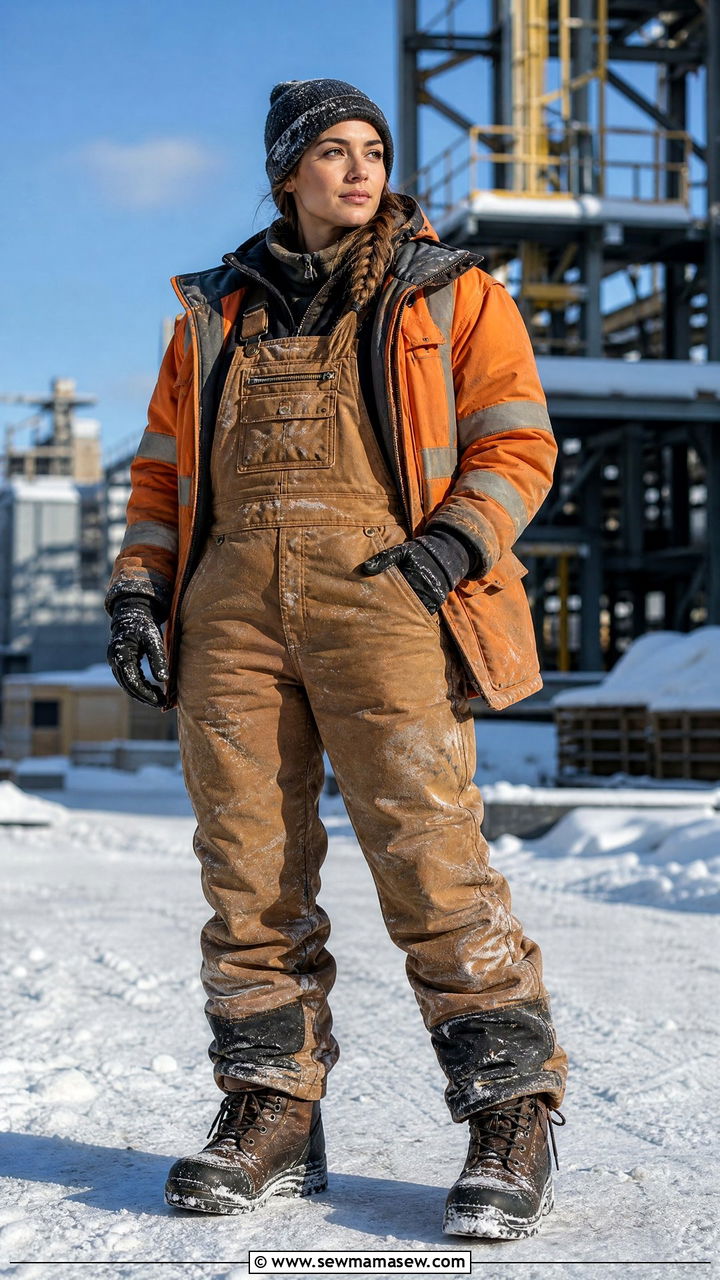 Fleece Lined Bib Overalls with Heated Jacket and Winter Boots - 30 Construction site outfit ideas for women