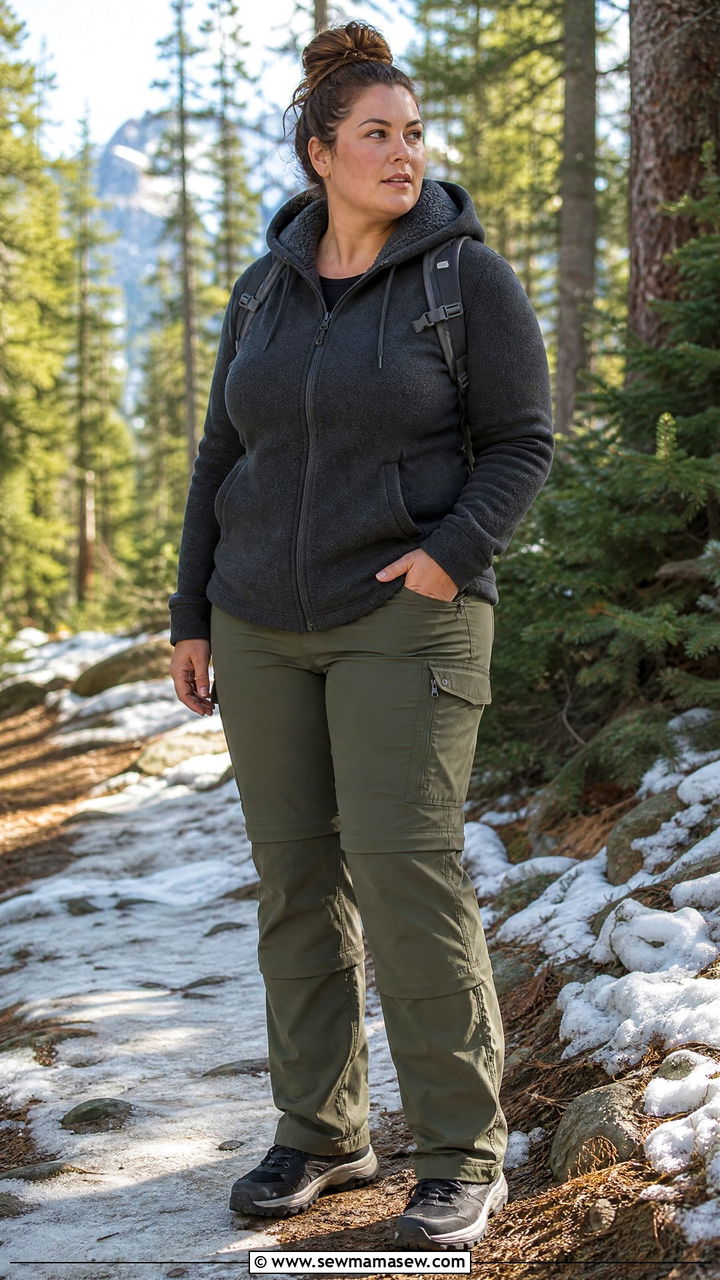 Fleece Lined Hoodie with Convertible Cargo Pants and Trail Sneakers - 25 Hiking outfit ideas plus size