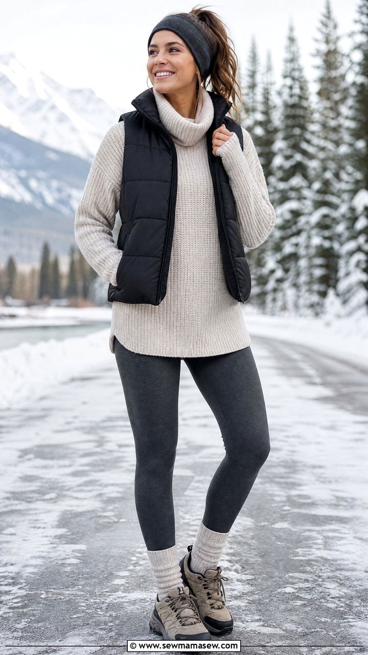 Fleece Lined Leggings With Tunic Sweater - 30 Modest workout outfit ideas 2026
