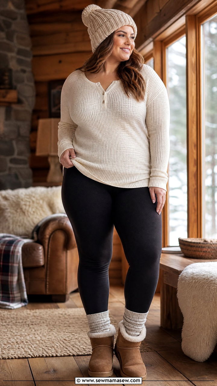 Fleece Lined Leggings with Thermal Top - 30 Plus size outfit ideas with leggings