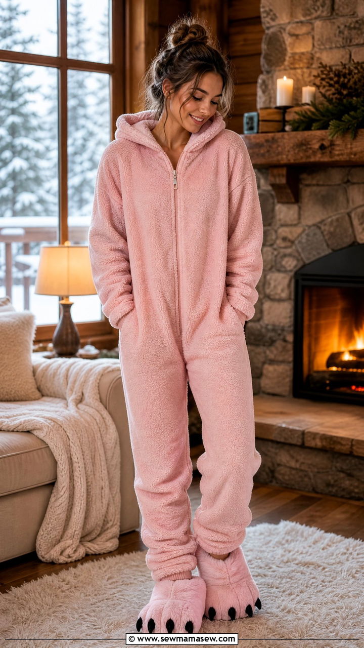 Fleece Onesie with Fuzzy Slippers - 30 Fuzzy slippers outfit ideas