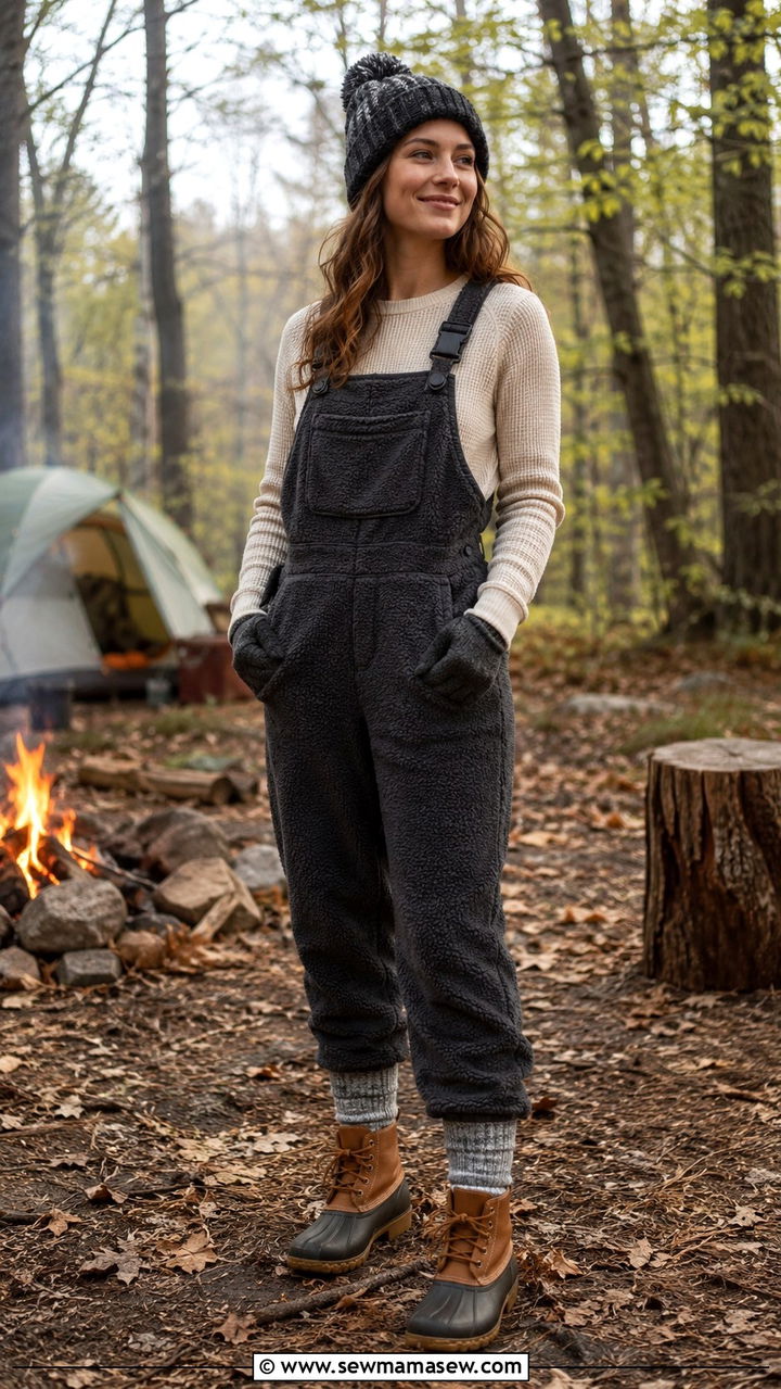 Fleece Overalls Thermal Tee Bean Boots Spring Camping Look - 30 Spring camping trip outfits