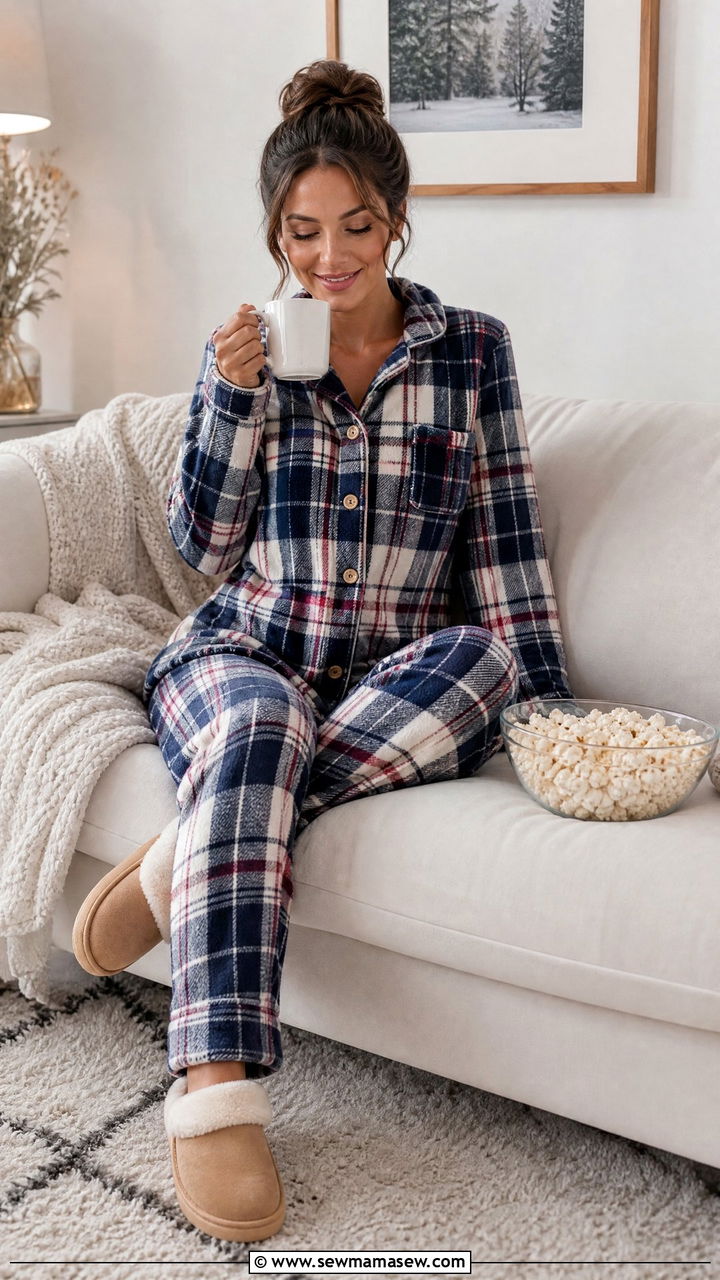 Fleece Pajama Set with Slippers - 30 Cozy movie night outfit ideas