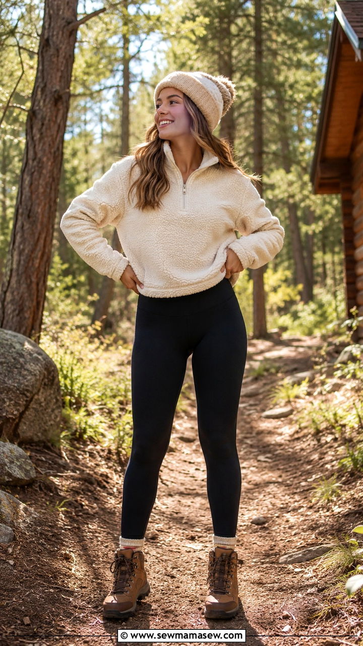 Fleece Pullover Outfit with High Waisted Leggings and Hiking Boots - 30 Spring cabin weekend outfits