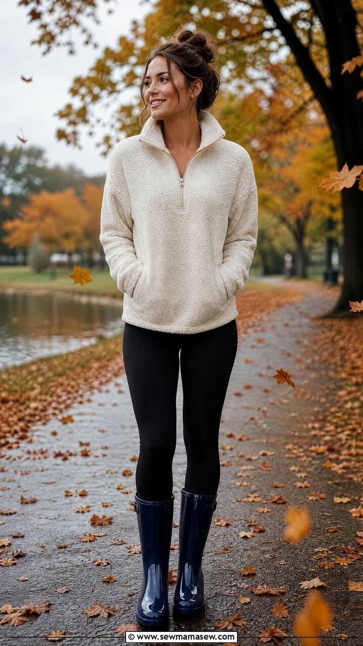 Fleece Pullover With Leggings and Mid Calf Rain Boots - 30 rainy day outfits casual