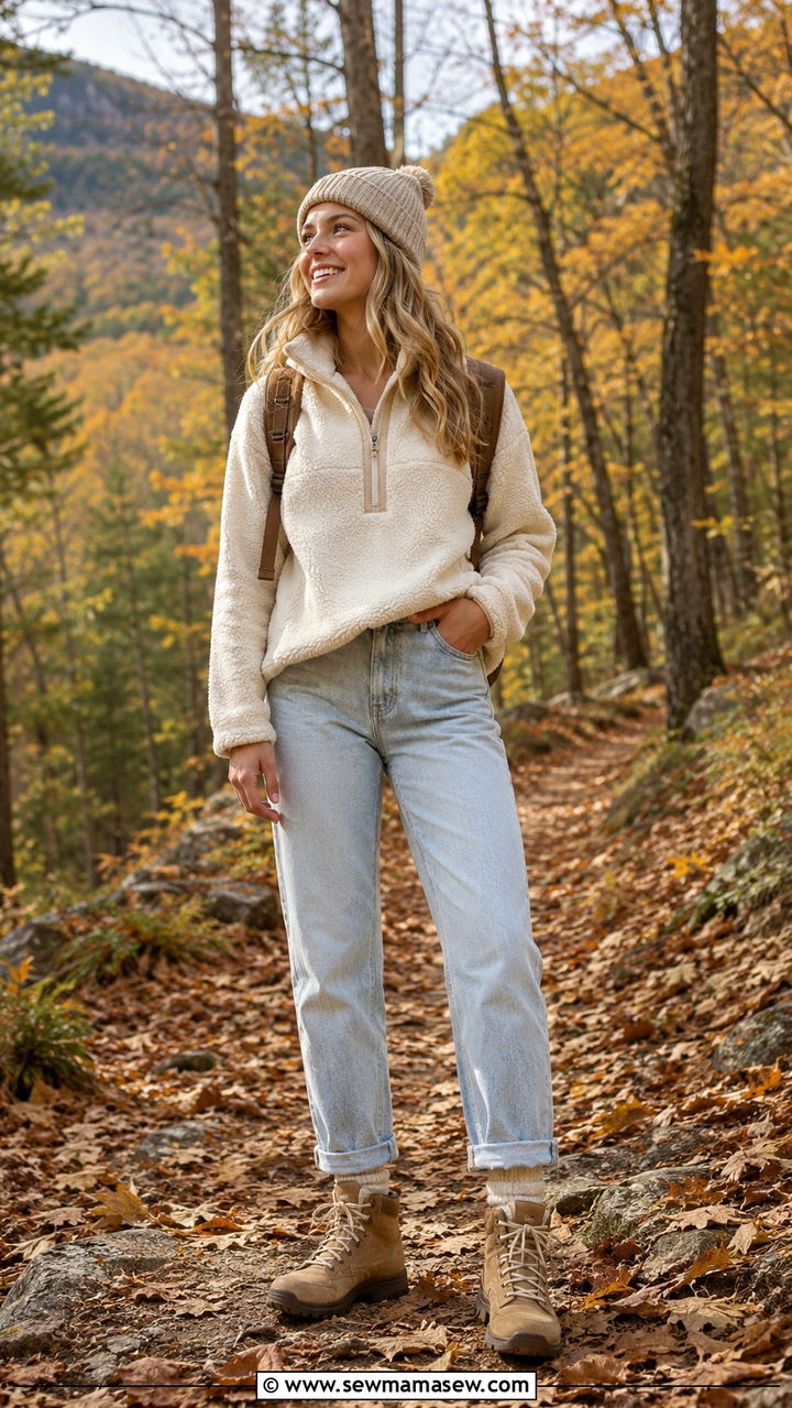 Fleece Pullover With Light Wash Jeans And Hiking Boots - 30 Sporty chic outfit ideas with jeans