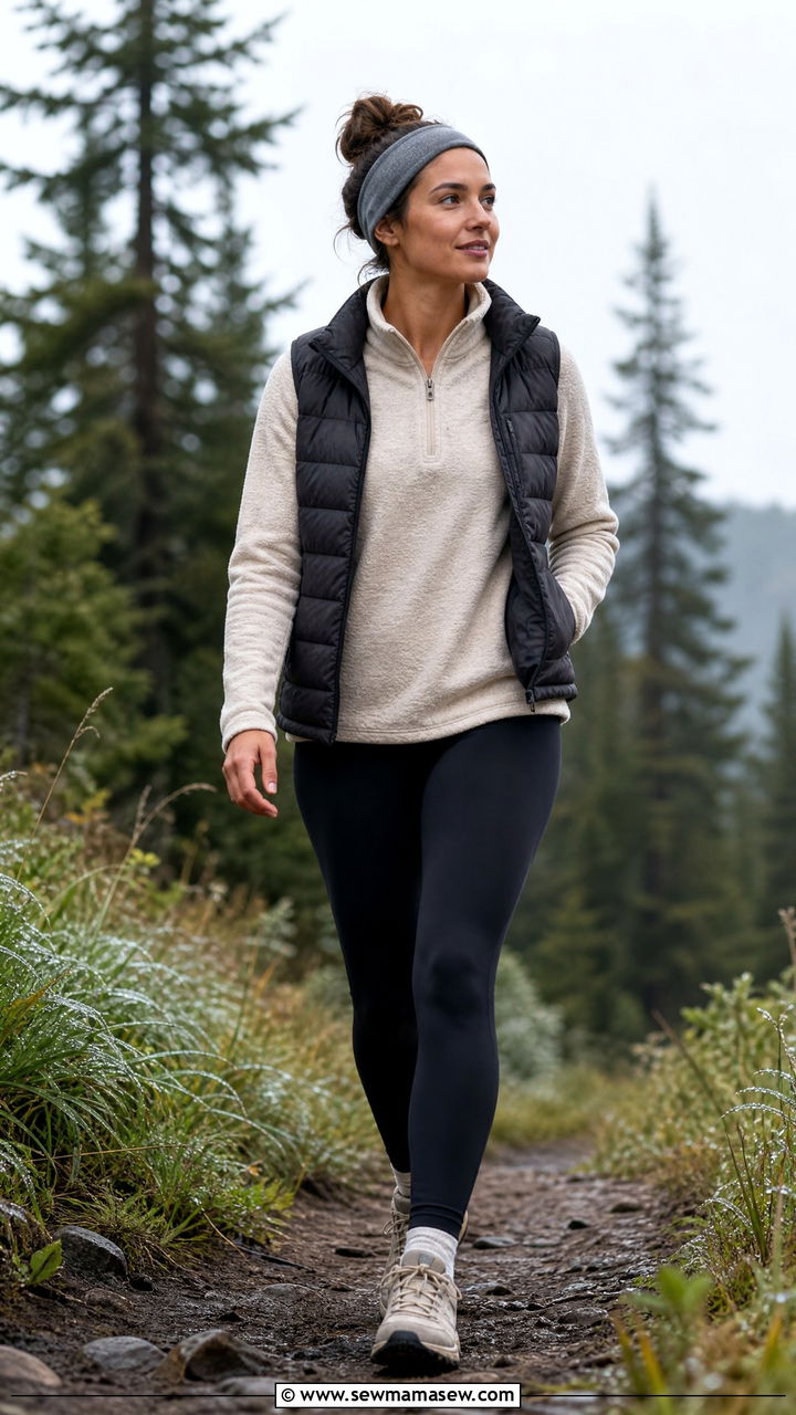 Fleece Pullover With Stretch Hiking Leggings and Trail Runners Camping Outfit - 30 Summer camping trip outfits