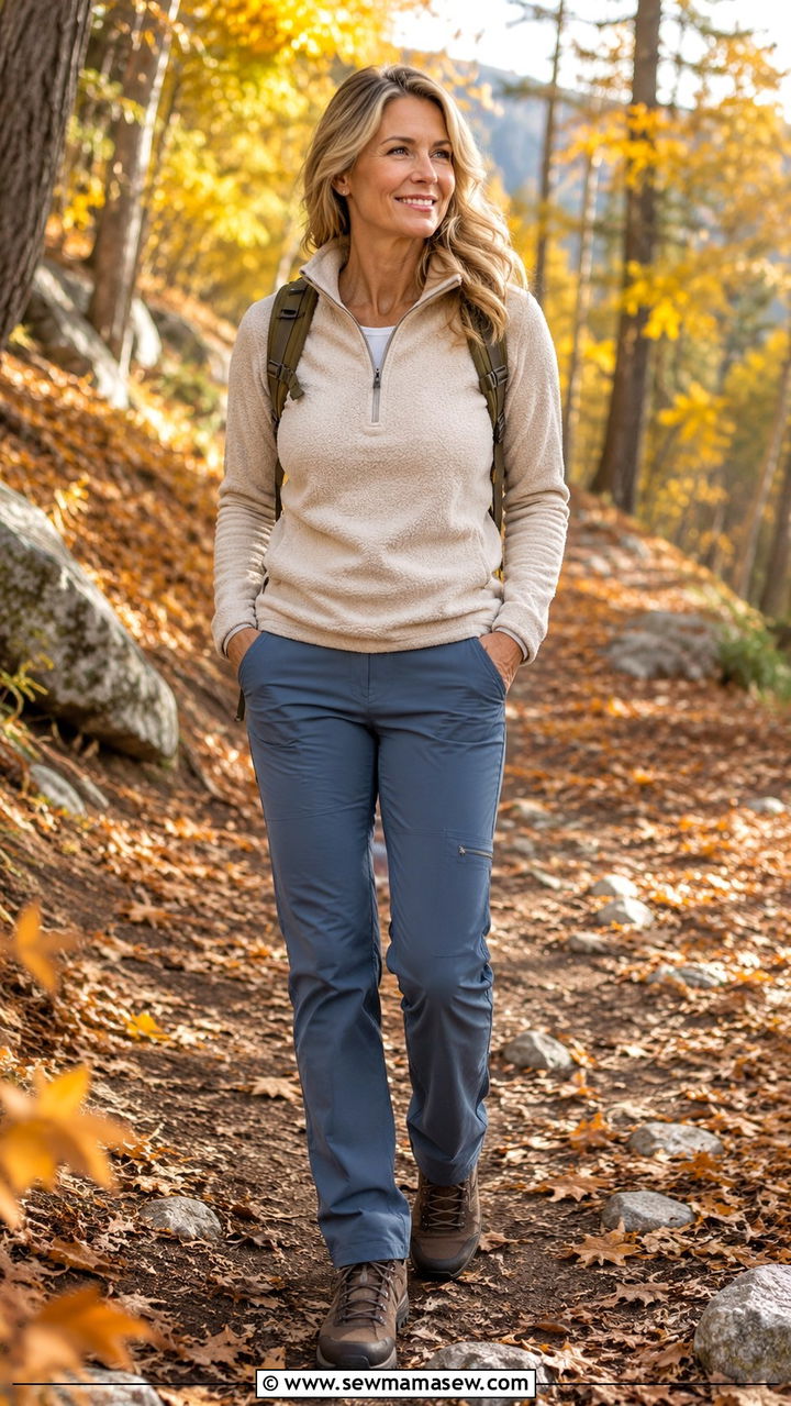 Fleece Pullover With Stretch Woven Hiking Pants - 30 Hiking outfit ideas for women over 40