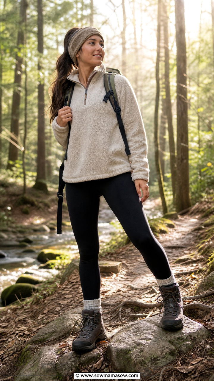 Fleece Pullover With Thermal Leggings And Hiking Boots - 35 Hygge outfit ideas
