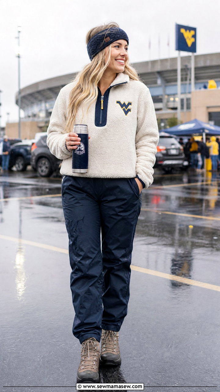 Fleece Pullover With Waterproof Pants And Hiking Boots - 25 Gameday outfit ideas rainy weather