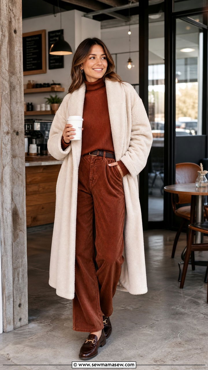 Fleece Robe with Corduroy Pants and Turtleneck - 30 Fleece robe outfit ideas